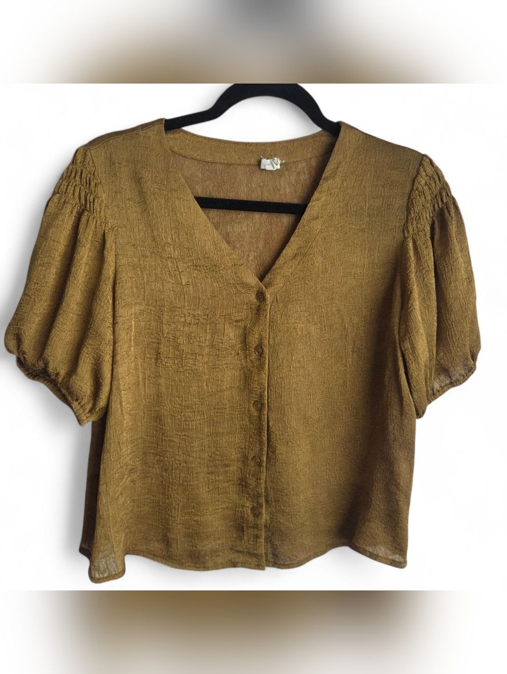 PLEIONE Size S Olive Ochre Plisse Textured Puff Sleeve Button Netural Boho Earth